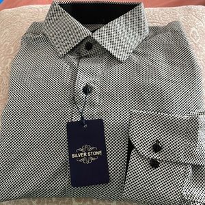 Button down blue and white small polka dot dress shirt. Size Medium